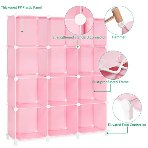 TomCare Cube Storage 12-Cube Storage Shelves Cube Organizer Closet Organizer DIY Bookshelf Bookcase Plastic Storage Cubes Shelf Clothes Storage Organizer Shelves for Bedroom Living Room Office, Pink