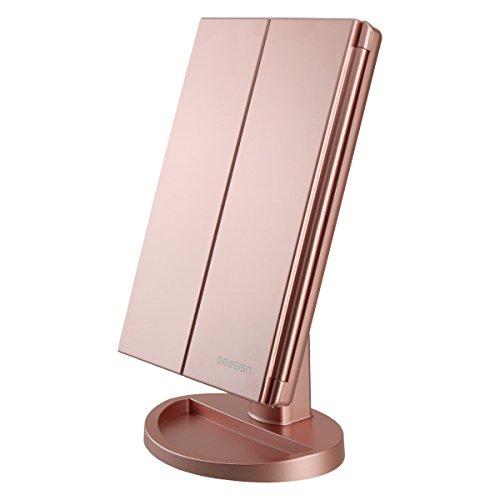 Tri-Fold Lighted Vanity Makeup Mirror, 21 LED Lights, 2X-3X Magnification, Touch Sensor