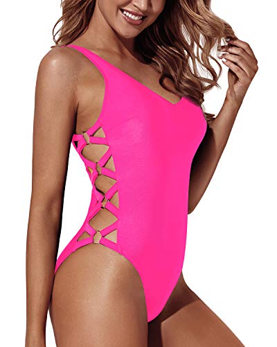 Women's Hot Pink One Piece Swimsuit w/Slimming V Neck Strap Crisscross Lace Up, Hot Pink
