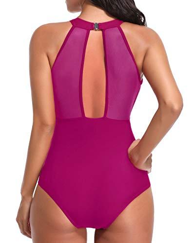 Women's Rose Red One Piece Plunge V-Neck Mesh Ruche Swimsuit - Pink and Caboodle