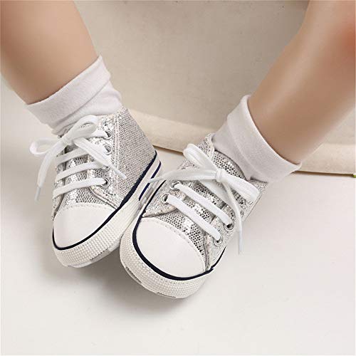 Baby or Toddler Girls or Boys Canvas Sneakers, Soft Sole, High Top First Walkers Shoes, 22 colors  (Sequin Silver)