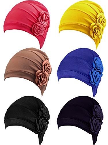 6 Pieces Women Turban Flower Caps Vintage Beanie Headscarf Elastic Headwrap Hat (Tasteful Colors)