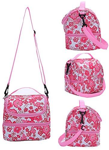 MIER Double Decker Insulated Adult Lunch Box w/Shoulder Strap - Pink and Caboodle