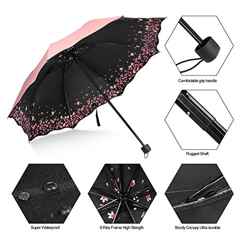 Large Folding Umbrella, Pink Sakura Cherry Blossom, Windproof, Rain or Sun