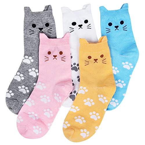 5 Pairs Cute Cat Lovers 100% Cotton Socks in Pink, Orange, Blue, White & Gray