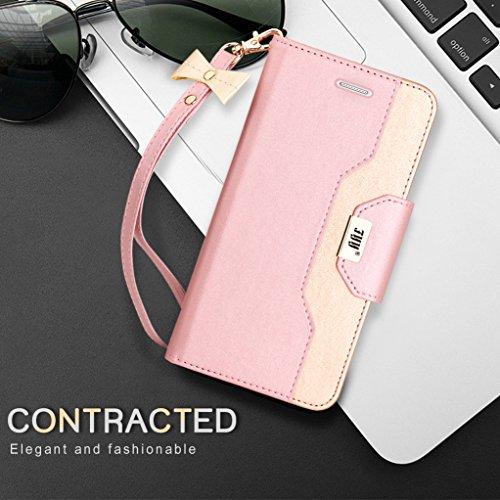 Galaxy S7 Edge Case, Premium Leather Wallet w/Cosmetic Mirror & Bow Knot Strap - Pink and Caboodle