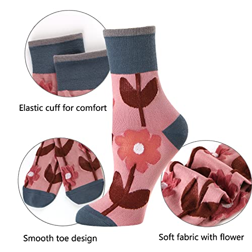 Women's Big Flowers Print Casual Cotton Crew Socks, 6-Pack