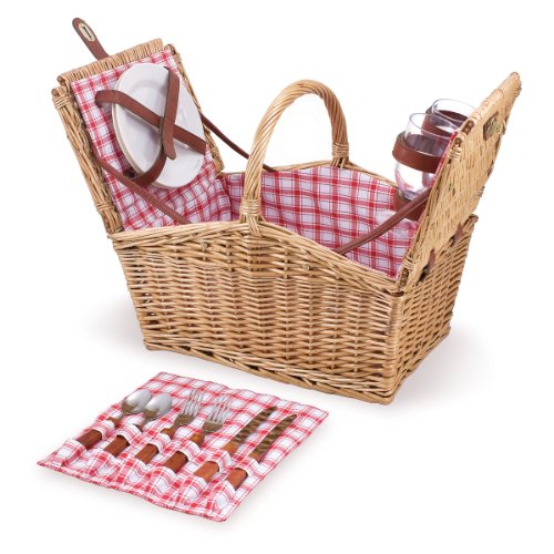 Plaid Piccadilly Willow Picnic Basket for Two People, with Plates, Wine Glasses, Cutlery, and Corkscrew