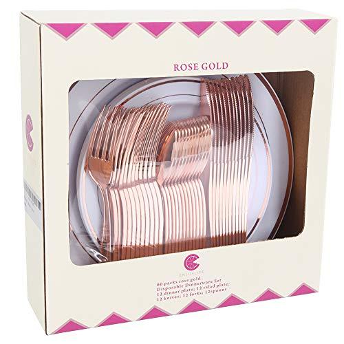60pcs Rose Gold Plastic Plates & Silverware for Weddings, Parties