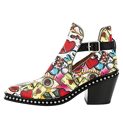 Women's Cartoon Poker Cards Studded Leather Chunky Heel Ankle Boots w/Buckle, Sizes 4 to 15