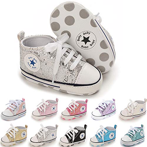Baby or Toddler Girls or Boys Canvas Sneakers, Soft Sole, High Top First Walkers Shoes, 22 colors  (Sequin Silver)