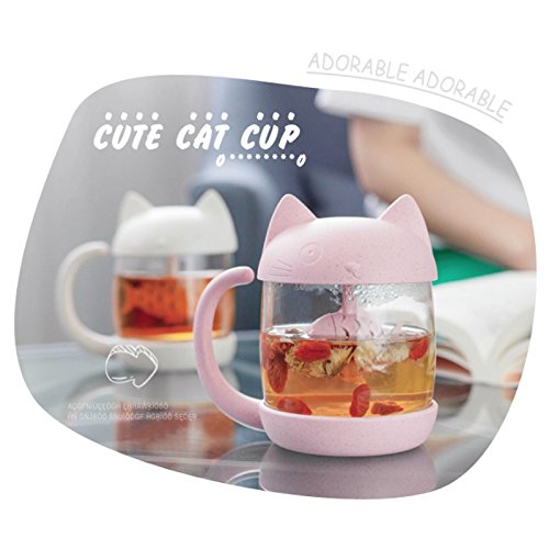 Cat Glass Tea Mug Water Bottle-With Fish Tea Infuser Strainer Filter 250ML（8OZ） (Pink)