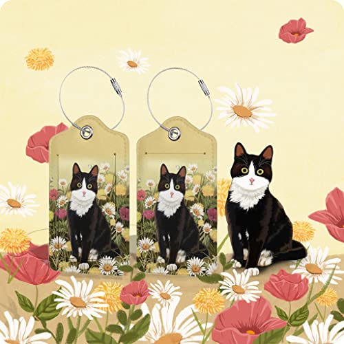 Black Cat & Daisies Leather Luggage Suitcase Travel Bag Tags, Set of 2
