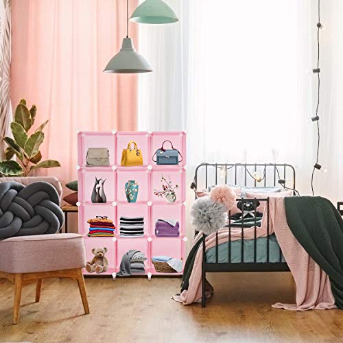 TomCare Cube Storage 12-Cube Storage Shelves Cube Organizer Closet Organizer DIY Bookshelf Bookcase Plastic Storage Cubes Shelf Clothes Storage Organizer Shelves for Bedroom Living Room Office, Pink