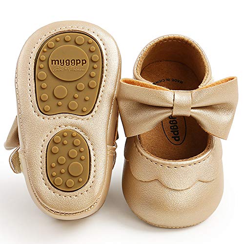 LAFEGEN Baby Girls Mary Jane Flats with Bownot Non Slip Soft Sole PU Leather Newborn Infant Toddler First Walker Cirb Dress Shoes, 6-12 Months Infant, 07 Gold