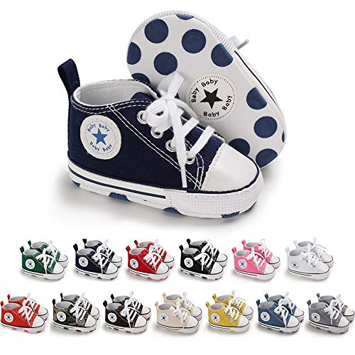 Baby or Toddler Girls or Boys Canvas Sneakers, Soft Sole, High Top First Walkers Shoes, 22 colors  (Navy Blue)