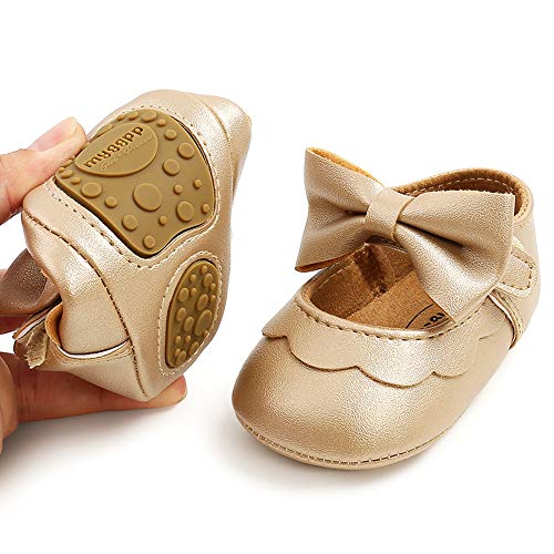 LAFEGEN Baby Girls Mary Jane Flats with Bownot Non Slip Soft Sole PU Leather Newborn Infant Toddler First Walker Cirb Dress Shoes, 6-12 Months Infant, 07 Gold