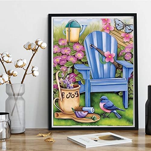 5D Diamond Painting Kit, Blue Garden Chair & Birds, 12x16 inches