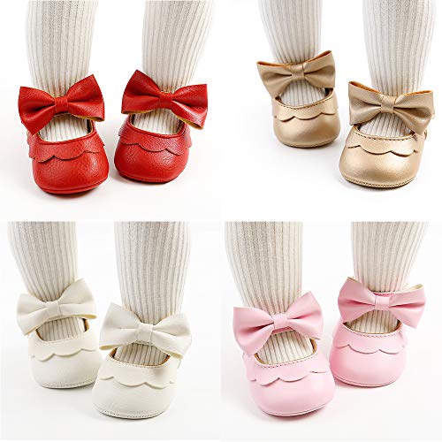 LAFEGEN Baby Girls Mary Jane Flats with Bownot Non Slip Soft Sole PU Leather Newborn Infant Toddler First Walker Cirb Dress Shoes, 6-12 Months Infant, 07 Gold