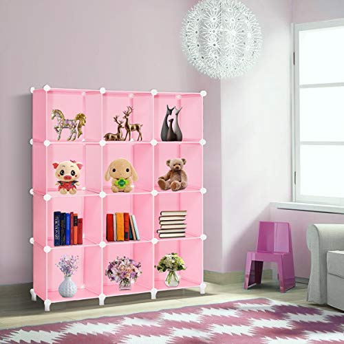TomCare Cube Storage 12-Cube Storage Shelves Cube Organizer Closet Organizer DIY Bookshelf Bookcase Plastic Storage Cubes Shelf Clothes Storage Organizer Shelves for Bedroom Living Room Office, Pink
