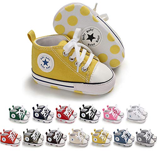 Baby or Toddler Girls or Boys Canvas Sneakers, Soft Sole, High Top First Walkers Shoes, 22 colors  (Yellow)