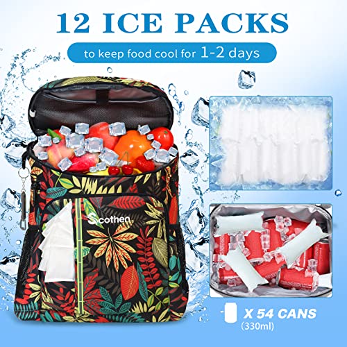 Scothen Cooler Backpack with 12 Ice Packs - Keeps 54 Cans Cold for Up to 24 Hours - Waterproof & Leak Proof Insulated Backpack Cooler -Lightweight Lunch Backpack for Men Women Beach Hiking Camping