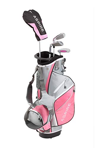 Aspire Golf Junior Plus Complete Golf Club Set for Children, Kids - 5 Age Groups Boys and Girls - Right Hand, Real Girls Junior Golf Bag, Kids Golf Clubs Set (Pink Ages 5-6) - Pink and Caboodle