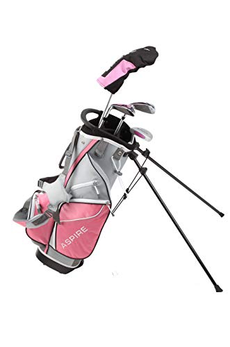 Aspire Golf Junior Plus Complete Golf Club Set for Children, Kids - 5 Age Groups Boys and Girls - Right Hand, Real Girls Junior Golf Bag, Kids Golf Clubs Set (Pink Ages 5-6) - Pink and Caboodle