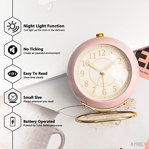 AYRELY Battery Operated Desk Alarm Clock with Light,Silent No Ticking,Small Table Clock for Bedside/Bedroom/Living Room/Office/Travel/Kids/Room Decor Aesthetic Vintage(Pink) - Pink and Caboodle