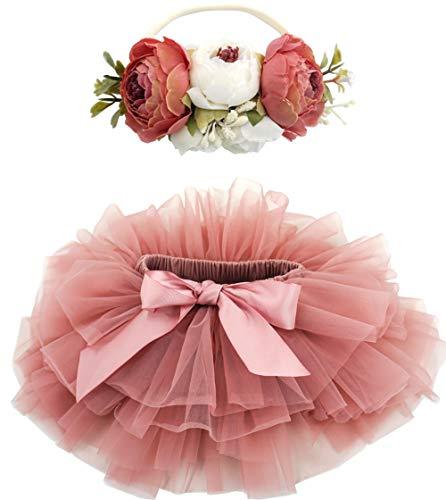 Baby Girl's Soft Fluffy Tutu Skirt with Diaper Cover & Flower Headband, Dusty Rose (10 colors)