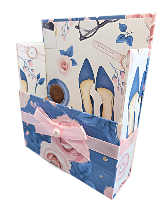 42-Pc Stationery Gift Box Set w/Reusable Desktop Organizer Box & Gold Pen - Pink & Blue Floral Roses