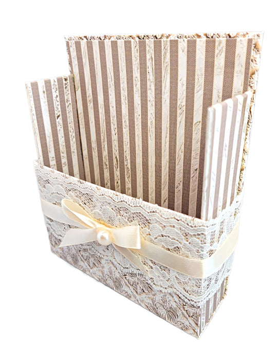 42-Pc Stationery Gift Box Set w/Reusable Desktop Organizer Box & Gold Pen - Stripes & Ivory Lace
