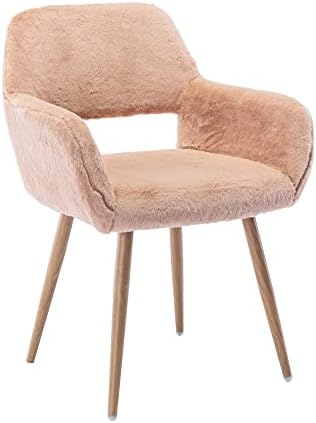 KCC Furry Desk Chair, Mid-Century Modern Accent Faux Fur Chair for Teen Girls, Comfy Armchair with Wood Look Metal Legs for Living Dining Room, Home Vanity Makeup Office Desk Chair No Wheel, Pink