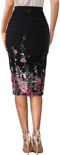 Women's Slip-On Pencil Skirt, Ruched Black & Pink Floral Print, Elastic Waist, Asymmetrical Tulip Split Hem