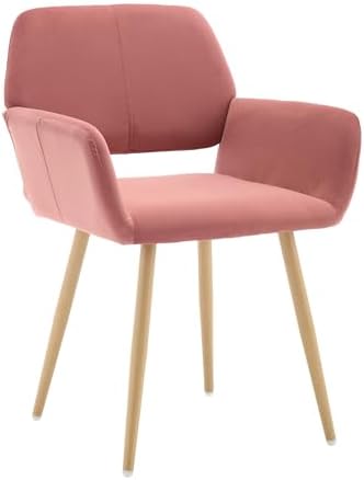 KCC Furry Desk Chair, Mid-Century Modern Accent Faux Fur Chair for Teen Girls, Comfy Armchair with Wood Look Metal Legs for Living Dining Room, Home Vanity Makeup Office Desk Chair No Wheel, Pink