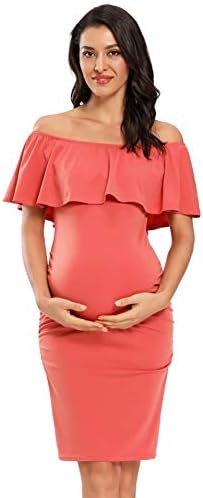 Women's Maternity Dress, Solid Color Off Shoulder Ruffle Bodycon Special Occasion Dress  (14 colors)