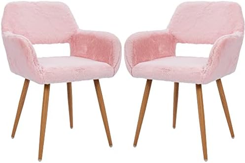 KCC Furry Desk Chair, Mid-Century Modern Accent Faux Fur Chair for Teen Girls, Comfy Armchair with Wood Look Metal Legs for Living Dining Room, Home Vanity Makeup Office Desk Chair No Wheel, Pink