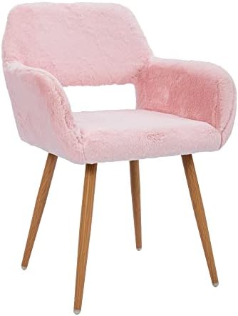 KCC Furry Desk Chair, Mid-Century Modern Accent Faux Fur Chair for Teen Girls, Comfy Armchair with Wood Look Metal Legs for Living Dining Room, Home Vanity Makeup Office Desk Chair No Wheel, Pink