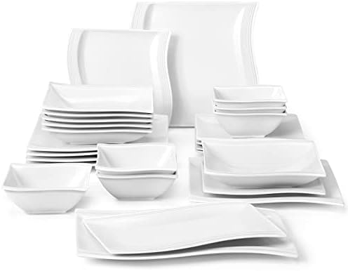 MALACASA Dinnerware Sets, 30 Piece Square Plates and Bowls Sets for 6, Porcelain Dishes Dinnerware Set with Dinner Plates Set, Bowls, Cups & Sacuers, Modern Pink Dish Set, Series Flora