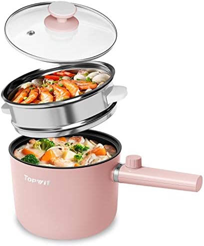 Topwit Electric Hot Pot, 1.5L Ramen Cooker, Portable Non-Stick Frying Pan, Electric Pot for Pasta, Steak, BPA Free, Electric Cooker with Dual Power Control, Over-Heating &amp; Boil Dry Protection, Pink