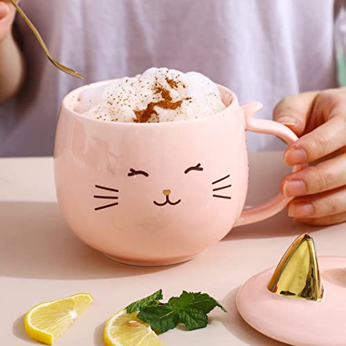 Cute Kids Novelty Cat Mug with Gold Spoon, 13.5oz  (3 colors)