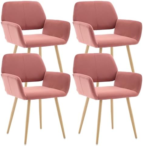 KCC Furry Desk Chair, Mid-Century Modern Accent Faux Fur Chair for Teen Girls, Comfy Armchair with Wood Look Metal Legs for Living Dining Room, Home Vanity Makeup Office Desk Chair No Wheel, Pink