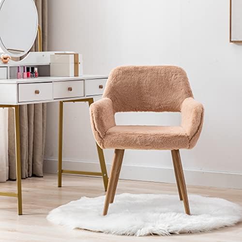 KCC Furry Desk Chair, Mid-Century Modern Accent Faux Fur Chair for Teen Girls, Comfy Armchair with Wood Look Metal Legs for Living Dining Room, Home Vanity Makeup Office Desk Chair No Wheel, Pink