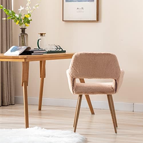 KCC Furry Desk Chair, Mid-Century Modern Accent Faux Fur Chair for Teen Girls, Comfy Armchair with Wood Look Metal Legs for Living Dining Room, Home Vanity Makeup Office Desk Chair No Wheel, Pink