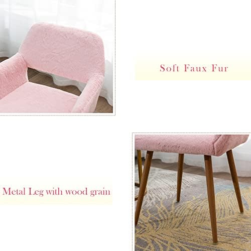 KCC Furry Desk Chair, Mid-Century Modern Accent Faux Fur Chair for Teen Girls, Comfy Armchair with Wood Look Metal Legs for Living Dining Room, Home Vanity Makeup Office Desk Chair No Wheel, Pink