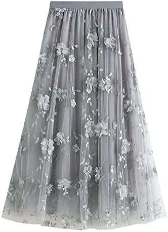 Women's Dressy Midi-Length Skirt, Chiffon Roses on Tulle Layered Elastic High Waist Skirt  (5 colors)