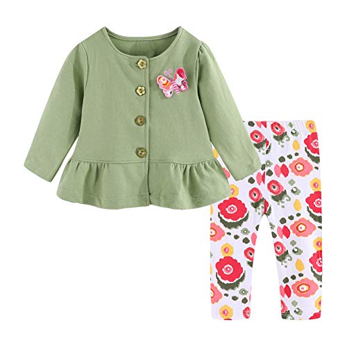 Girl's Fall/Winter Pink & Green Long-Sleeved Butterfly T-Shirt & Pants Outfit  (4 sizes)
