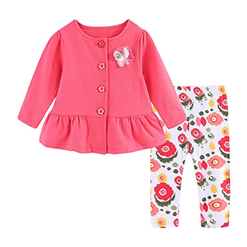 Girl's Fall/Winter Salmon Pink Long-Sleeved Butterfly T-Shirt & Pants Outfit  (4 sizes)