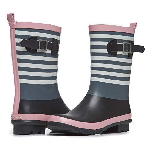 Striped Ladies High Cut Mid Calf Lightweight Buckle Rubber Rain Boots  (5 colors)
