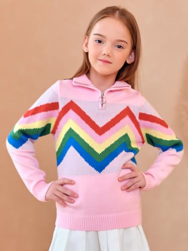 Girls Rainbow Pullover Sweater, Long Sleeve Zip Up High Neck Pullover  (4 colors)